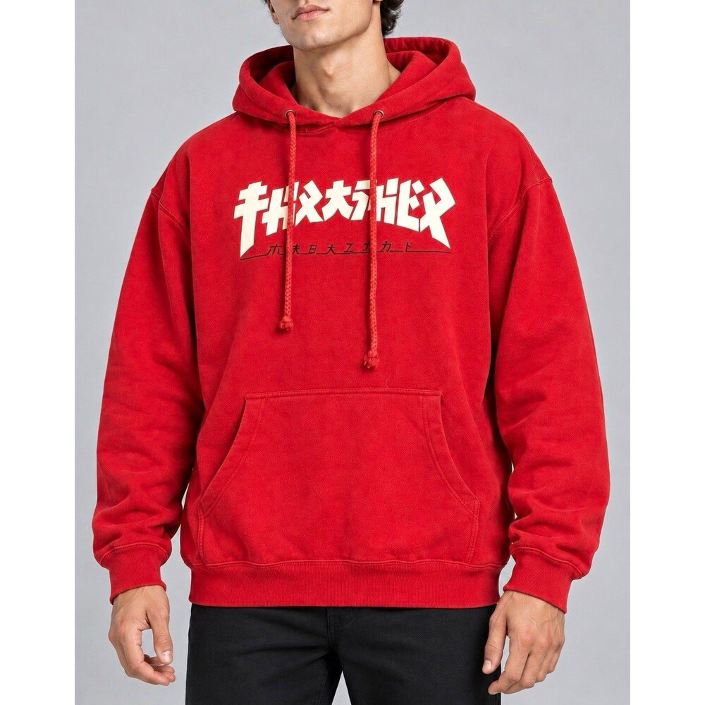 Thrasher Red Graphic Logo Pullover Hoodie Fleece Pockets Drawstring Men Size Med
